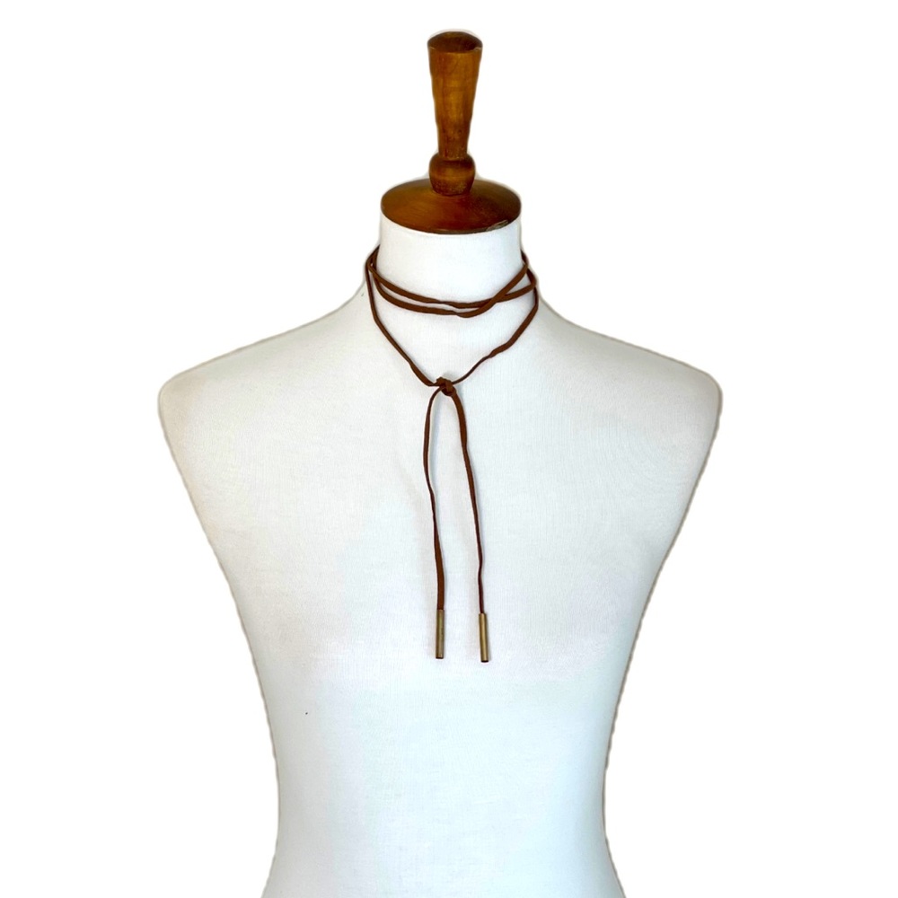 Long boho leather wrap layer necklace gold ends